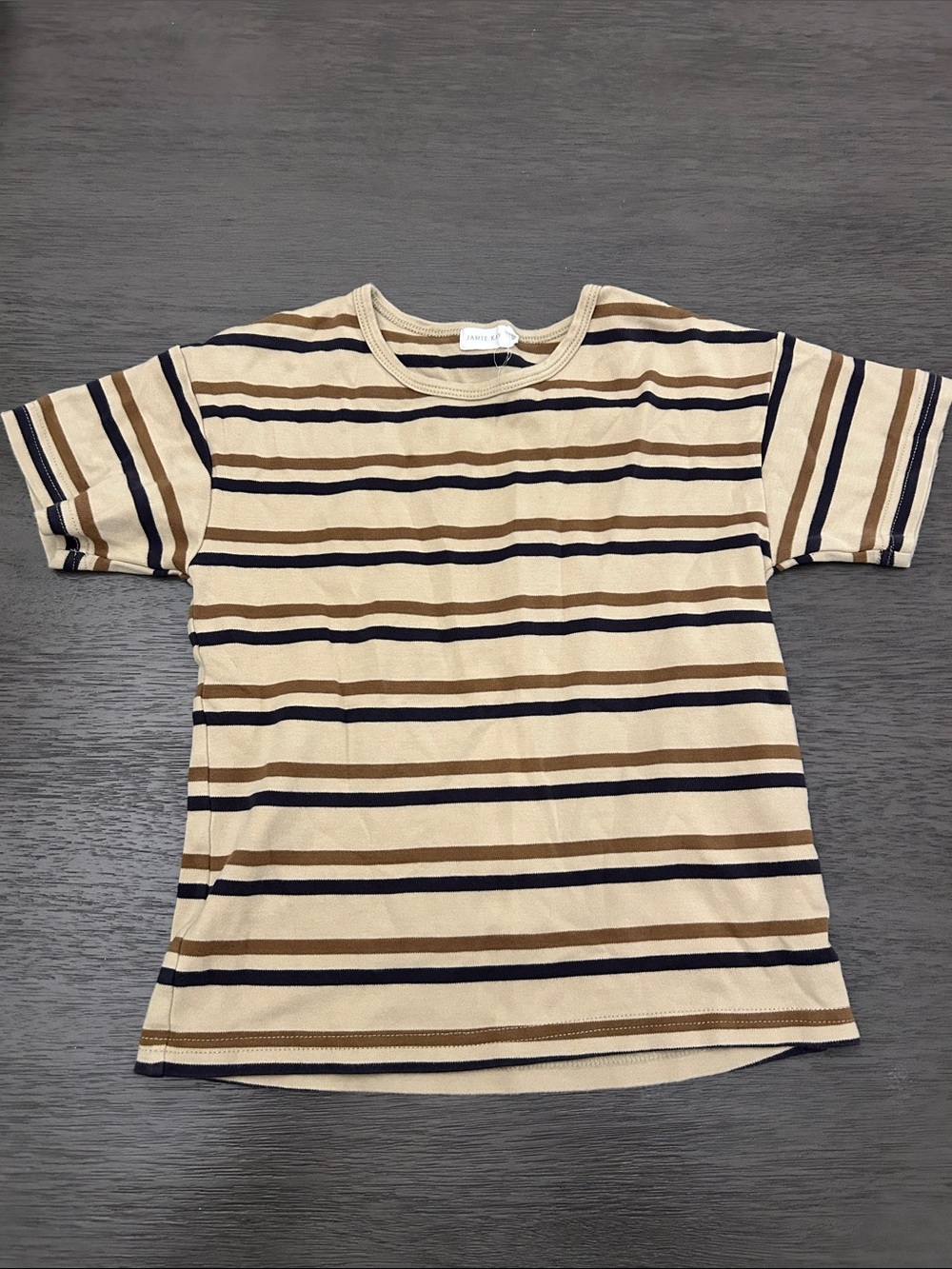 Jamie Kay Short-Sleeve Striped Tee in Beige, Brown & Navy